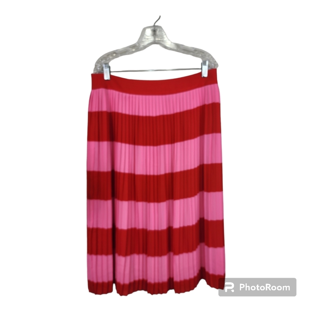 NWT J Crew Pleated Striped Pink Red Midi Skirt Size 12